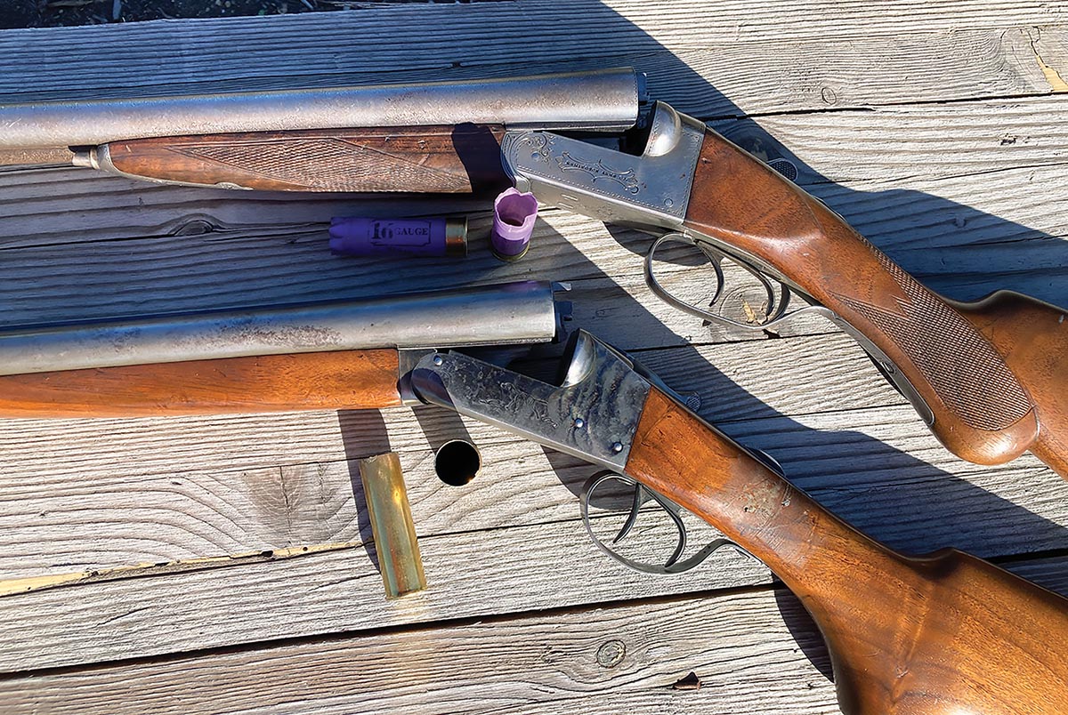 Two favorites: This 16-gauge Remington (top) from 1900 with Damascus steel barrels shoots as well today as it did  126 years ago. The barrels of this 1930s vintage 16-gauge Western Arms, the  author learned, are no longer regulated to the same 30-yard point of aim.